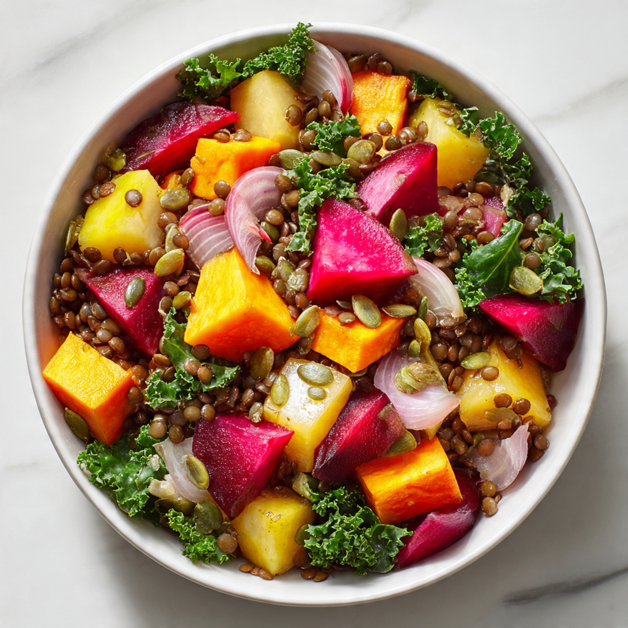 Roasted Vegetable Wheat Berry Winter Salad Recipe 5 The image shows a close-up of a fresh salad layered on a white plate. The bottom layer is made of green leafy kale with a rough, leafy texture. On top, there are thin, long slices of roasted carrots and yellow parsnips with a slightly crispy and roasted surface. Bright red beet slices with a smooth, shiny texture are spread throughout the salad. The dish is finished with crumbled white cheese scattered on the top, adding a soft and crumbly texture. A woman's hand is holding a fork near the plate. The background is a white marbled surface. Photo taken with an iphone --ar 4:5 --v 7