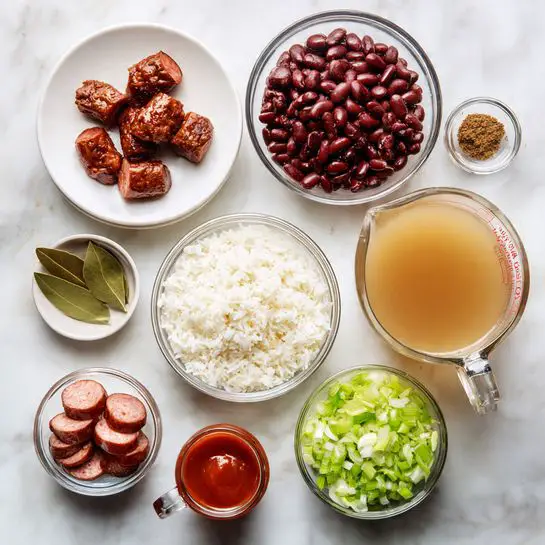 The image shows a top view of various cooking ingredients arranged on a white marbled surface. Starting from the top left, there is a white plate with three pieces of browned smoked meat with a shiny texture. To the right, a glass bowl filled with dark red kidney beans. Below it, another glass bowl containing fluffy white rice. To the right of the rice is a small glass container filled with bright red sauce. Next to it, a glass measuring cup filled with a light brown broth. In the bottom left corner, a glass bowl holds sliced smoked sausage with a reddish-brown color and visible white fat. Above this bowl, a small white plate holds green herbs, two dark green bay leaves, and a small jar of brown spice. In the middle right, a glass bowl filled with finely chopped pale green celery, and below it, another smaller glass bowl with finely chopped darker green bell pepper. Photo taken with an iphone --ar 4:5 --v 7