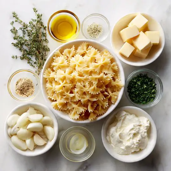 The image shows several white bowls and small glass bowls arranged on a white marbled surface. One white bowl holds uncooked farfalle pasta, pale yellow in color. A small glass bowl next to it contains cubes of pale yellow butter. Around these are small glass bowls with salt, golden olive oil, a few sprigs of green thyme, peeled white garlic clove, thinly sliced white onions in a white bowl, creamy white sour cream in a small glass bowl, and finely chopped green herbs in another white bowl. The colors are light and natural, with a clean and organized look. photo taken with an iphone --ar 4:5 --v 7