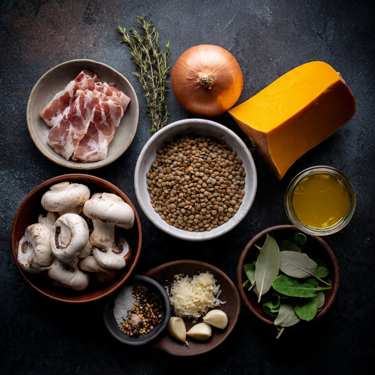 The image shows several bowls and ingredients arranged on a dark surface. In the center, there is a white bowl filled with small, light brown lentils. Above the bowl, there is a smooth butternut squash laying horizontally, with a round yellow onion and a red onion placed near it. To the left, a white bowl contains raw strips of bacon, and next to it, a brown bowl is full of fresh whole mushrooms. Below the mushrooms, there is a small white dish with garlic cloves and some spices. Above the butternut squash, a small dark bowl holds a light, crumbly ingredient, possibly cheese. To the right, a brown bowl is filled with fresh green leaves, and near it, a glass jar holds a light yellow liquid. The background is a dark, textured surface. photo taken with an iphone --ar 4:5 --v 7