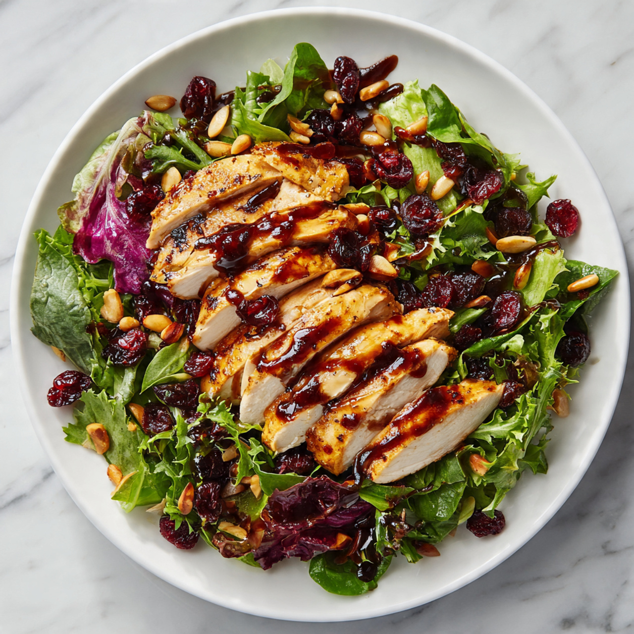 Grilled Chicken Winter Salad with Cranberry Vinaigrette Recipe 5 A white plate holds a colorful salad with three main layers. The bottom layer is a mix of fresh green and purple leafy greens. The middle layer has golden brown grilled chicken slices, evenly spread on top of the greens. Scattered across the salad are bright red dried cranberries and light brown pine nuts adding texture and color. The salad is lightly drizzled with a dark glossy dressing. The plate is on a white marbled surface. photo taken with an iphone --ar 4:5 --v 7