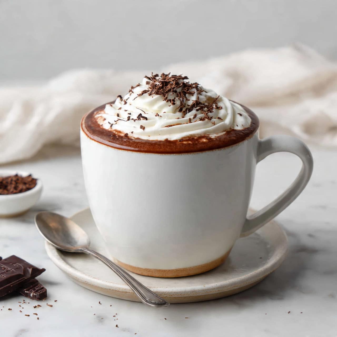 A white mug with a light brown rim holds a hot chocolate drink with a thick layer of rich brown liquid topped with a swirl of white whipped cream and scattered dark chocolate shavings. The mug sits on a white saucer with a silver spoon resting beside it, and small chocolate pieces are scattered around the saucer. The setting is on a white marbled surface with a soft, light fabric in the background. photo taken with an iphone --ar 4:5 --v 7