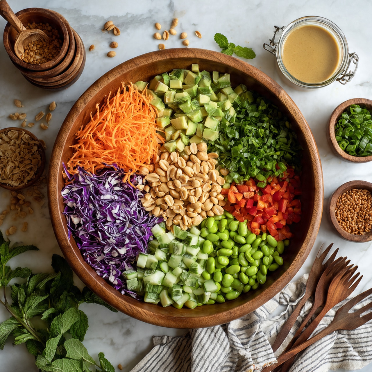 A large wooden bowl filled with eight colorful sections of salad ingredients arranged in a circular pattern: bright orange shredded carrots, light green avocado cubes, chopped dark green herbs, bright green edamame beans, light brown peanuts piled in the center, thin shredded purple cabbage, diced cucumber pieces in light and dark green, and small red bell pepper cubes. Around the bowl are white marbled surface with scattered herbs and peanuts, a small glass bowl of brown crispy grains, a glass filled with light beige dressing, stacked wooden bowls holding forks, and wooden salad utensils resting on a striped cloth. The scene has fresh herbs like mint and cilantro placed nearby, photo taken with an iphone --ar 4:5 --v 7