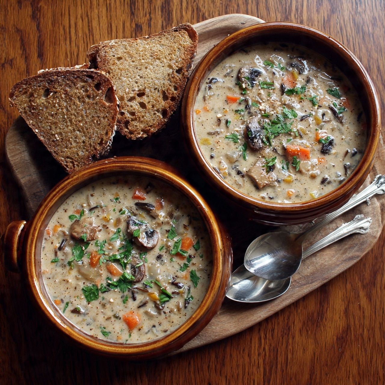 The image shows a white bowl filled with creamy mushroom soup. The soup has a light beige color and shows many small pieces of mushrooms and green leaves mixed throughout. There are also small slices of carrots inside. A shiny silver spoon rests in the bowl, partly covered by the soup. The bowl sits on a white marbled surface. The overall look is smooth and creamy with bits of textured vegetables and herbs visible in the soup. photo taken with an iphone --ar 4:5 --v 7