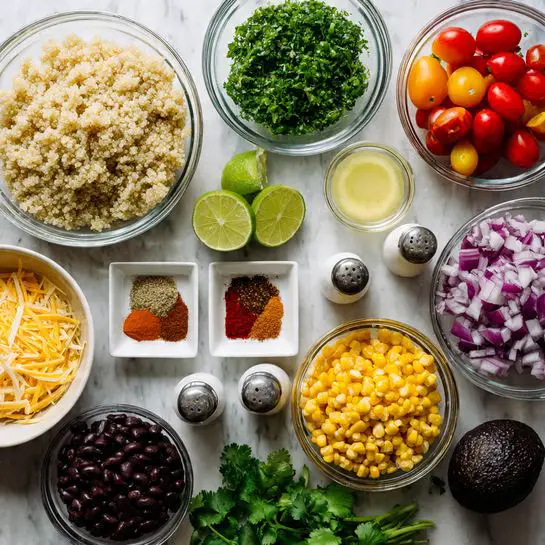 The image shows many clear glass bowls arranged on a white marbled surface, each holding different colorful ingredients. Starting from the top left, there is a large bowl full of cooked light beige quinoa. Nearby, there are two glass bowls with chopped green herbs and bright red cherry tomatoes cut in halves. Below them, there is a small bowl with pale yellow lime juice and two fresh whole limes next to some salt and pepper shakers. In the middle, there is a bowl filled with bright yellow corn kernels, and to its right, a bowl with finely chopped purple onions. Below, a larger bowl contains chopped red bell peppers, with two small white square dishes holding reddish-brown and light brown spices. On the lower left, a white bowl holds shredded yellow cheddar cheese, and beside it, a glass bowl is filled with dark black beans. At the bottom, there are two whole dark avocados lying on fresh green cilantro leaves. The overall look is fresh, colorful, and well arranged. photo taken with an iphone --ar 4:5 --v 7