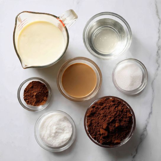 The image shows seven clear glass bowls and a clear glass measuring cup arranged on a white marbled surface. Starting from the top left, the large measuring cup holds a creamy white liquid. To its right is a medium glass bowl with a clear liquid. Below these, in the middle, is a small glass bowl filled with light brown liquid. At the bottom right, there is a medium-sized bowl full of dark brown cocoa powder with a slightly clumpy texture. To the bottom left of the cocoa powder, a small bowl contains a fine brown powder, and next to that is another small bowl filled with a finer dark brown powder. In the middle bottom is a tiny bowl with white grains, likely salt. On the left side, close to the bottom, a medium glass bowl is filled with white granulated sugar. All bowls and cups are transparent and sit neatly on the white marble background, showing clear separation between each ingredient photo taken with an iphone --ar 4:5 --v 7