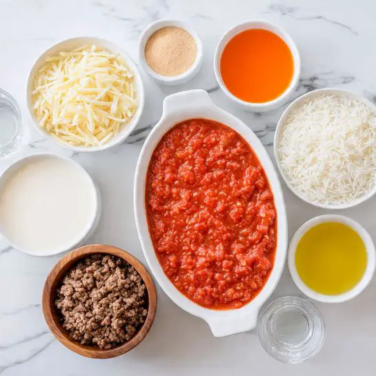 The image shows a white oval dish filled with bright red crushed tomatoes placed in the middle on a white marbled surface. Surrounding it are eight small white bowls forming a loose circle; starting from the top and moving clockwise, there is a bowl with a light brown powder, a bowl with clear orange liquid, a bowl of shredded pale yellow cheese, a bowl of white rice, a wooden bowl with ground brown meat, a white bowl with creamy off-white sauce, a small white bowl with minced garlic, and a small white bowl with yellow olive oil. A clear small glass filled with water is also near the creamy sauce. The overall colors are warm reds, yellows, browns, and whites with a neat and clean arrangement. Photo taken with an iphone --ar 4:5 --v 7