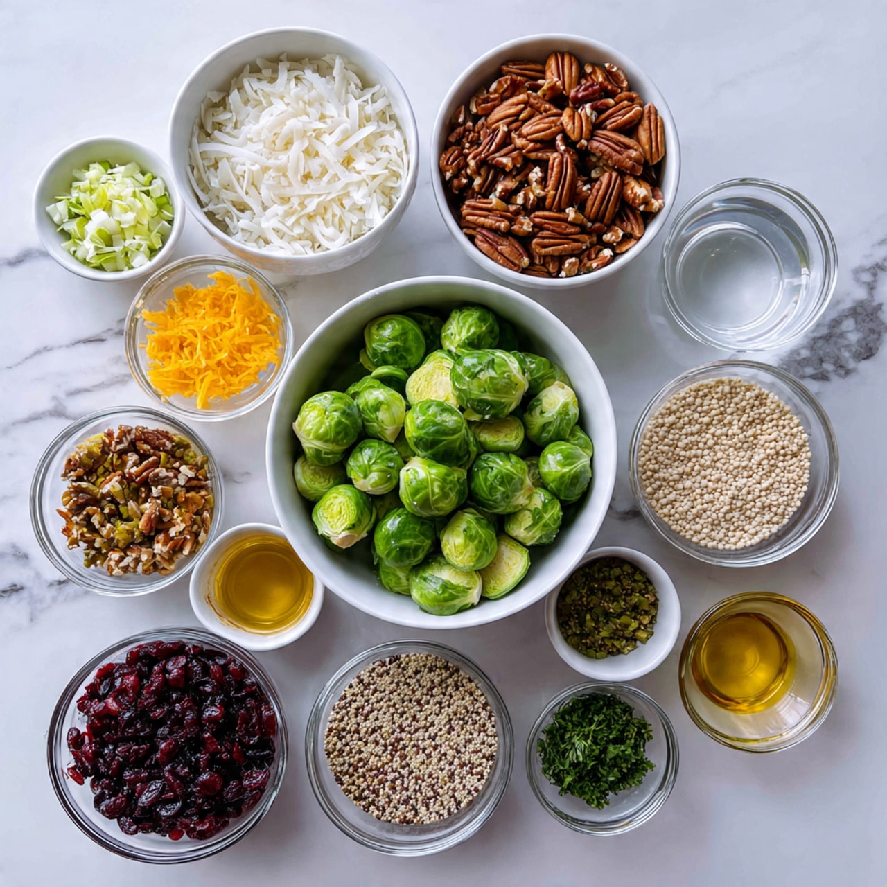 A large white bowl filled with halved bright green Brussels sprouts is at the center. Surrounding this bowl are smaller white bowls and clear glass bowls containing different ingredients: shredded white coconut in a white bowl at the top center, pecans chopped into pieces in a white bowl to the top right of the Brussels sprouts, clear liquid in a glass bowl, and a small white bowl with finely chopped white shallots. Below, there is a large clear glass bowl filled with small white quinoa seeds and a white bowl with dried dark red cranberries. Other white bowls contain light brown mustard, yellow liquid (likely juice), dark amber liquid, finely chopped green herbs, bright orange zest, and grated pale yellow cheese. All bowls are placed on a white marbled surface. The image is well-lit and organized in a neat circle. Photo taken with an iphone --ar 4:5 --v 7
