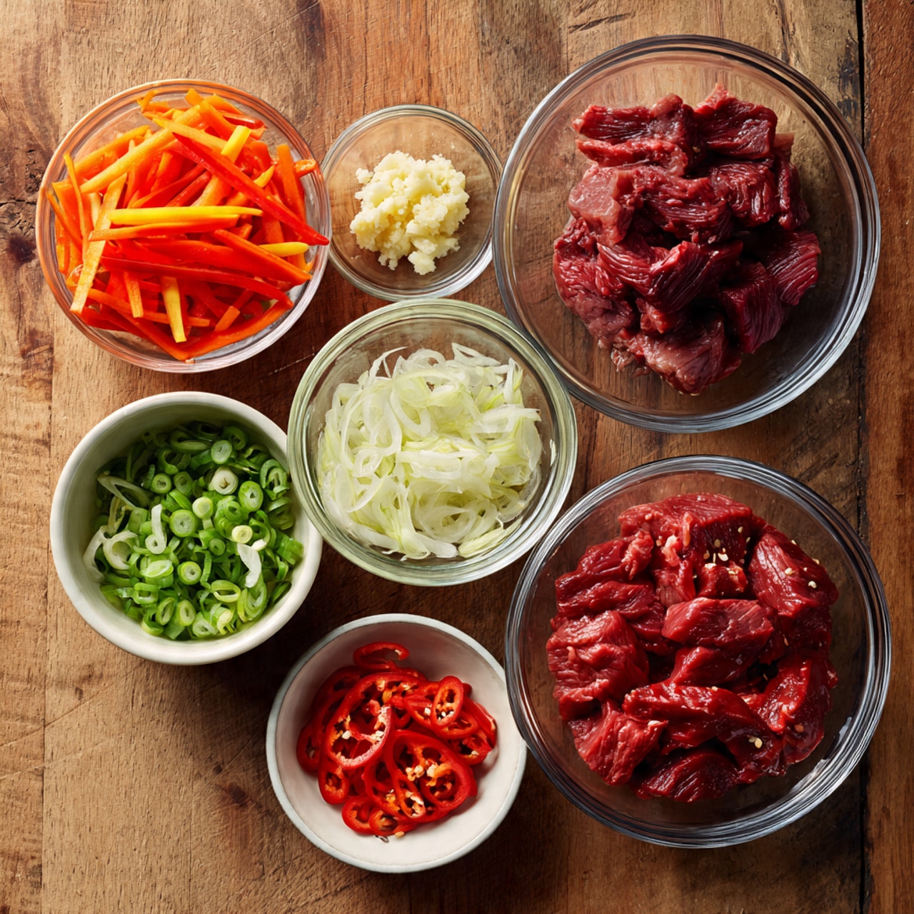 The image shows six small white and clear glass bowls arranged on a wooden surface, each containing different ingredients. The largest bowl on the right holds thick, red pieces of raw meat. Above it, a small clear bowl contains thin slices of ginger, and above that, another small clear bowl has minced garlic. To the left, a taller white bowl holds thin strips of carrot and red bell pepper. Below it, a clear bowl is filled with green sliced green onions. Finally, a small white bowl contains sliced red chili peppers. photo taken with an iphone --ar 4:5 --v 7