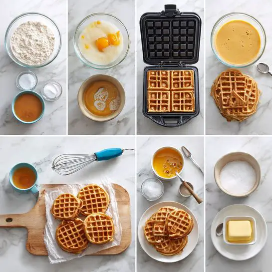 The image shows a step-by-step waffle-making process in six frames on a white marbled surface. First, a glass bowl with flour, two eggs, and vanilla extract, surrounded by bowls of sugar, batter, and butter, with a whisk nearby. Next, a glass bowl contains smooth batter with bubbles, with the sugar bowl and butter tray nearby. The third frame shows an open black waffle iron with batter ready to be cooked, surrounded by the same small bowls. The fourth frame has multiple golden-brown round waffles cooling on parchment paper, next to a large white bowl of sugar and a blue brush with melted butter. The fifth frame shows stacked waffles on a wooden board beside a white bowl of sugar and a small square dish of melted butter with the brush. The last frame displays a white plate with a waffle quartered and partially dipped in sugar, next to more waffles on the wooden board, the butter dish, and the blue brush. Photo taken with an iphone --ar 4:5 --v 7