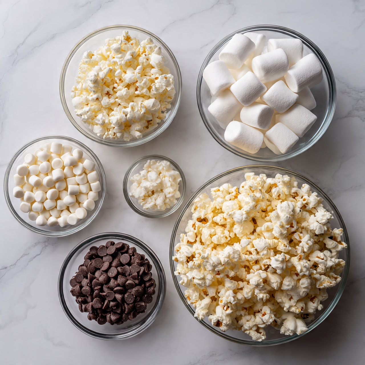 The image shows five glass bowls arranged on a white marbled surface. The largest bowl at the bottom right is filled with fluffy, lightly popped popcorn that is pale yellow in color. To the left of it, a medium bowl holds small, white mini marshmallows. Above that, a medium bowl contains white large marshmallows. To the right of the large marshmallow bowl, a smaller bowl is filled with dark brown mini chocolate chips. At the top left, another small bowl holds white round candy pieces. The overall look is clean and organized with soft, light colors on a white marbled surface, photo taken with an iphone --ar 4:5 --v 7