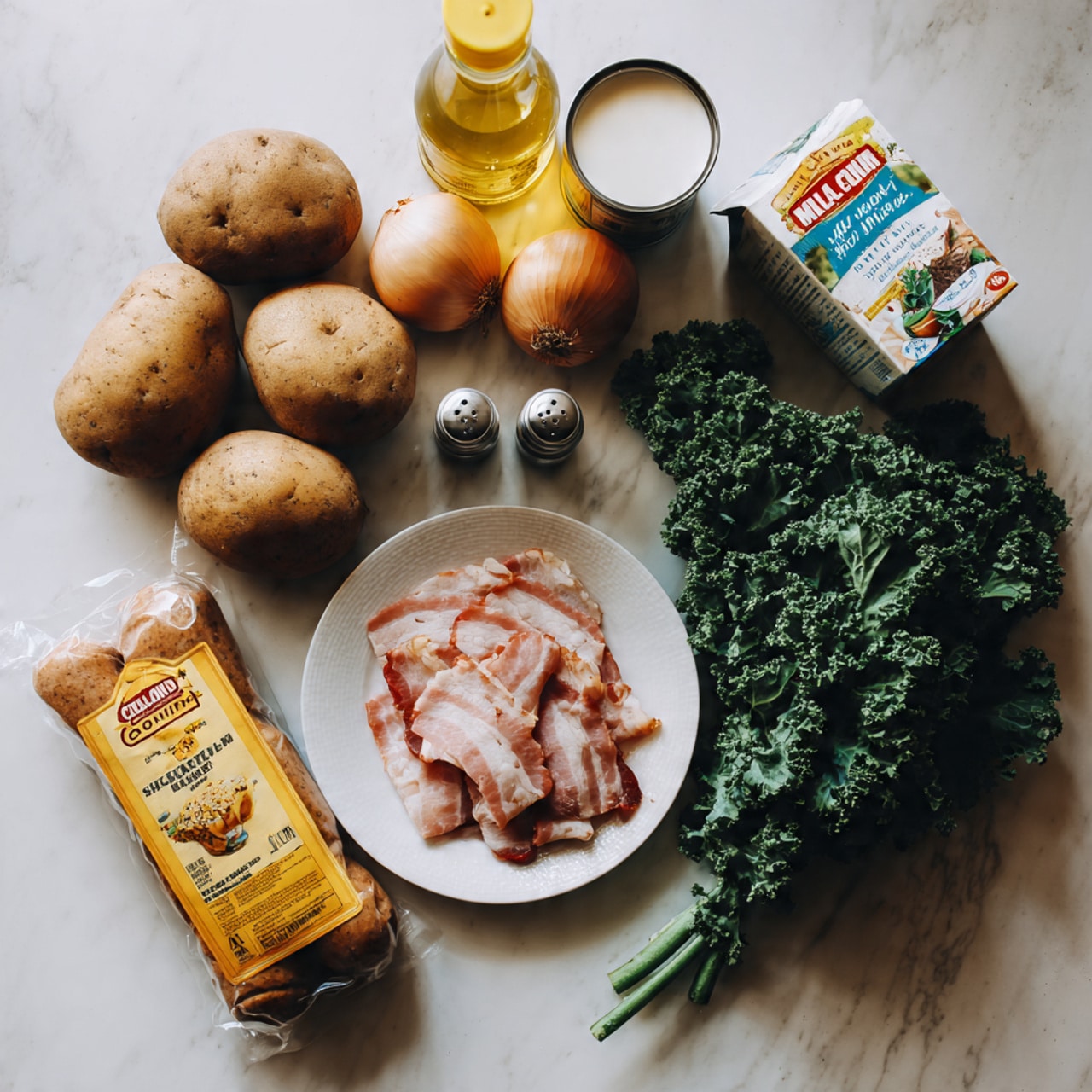 The image shows a white marbled surface with raw ingredients arranged neatly. There are three whole brown potatoes on the left, a small pile of fresh green kale at the back right, and a single yellow onion next to two small clear salt and pepper shakers. In front, a white plate holds sliced raw bacon. Next to the plate is a rectangular package of raw turkey sausage with an orange and yellow label. Behind the potatoes and kale are three containers: a bottle of light yellow cooking oil, a can of cream soup, and a small carton of dairy milk. The setting is simple and well-lit, emphasizing the textures and colors of the fresh ingredients. photo taken with an iphone --ar 4:5 --v 7