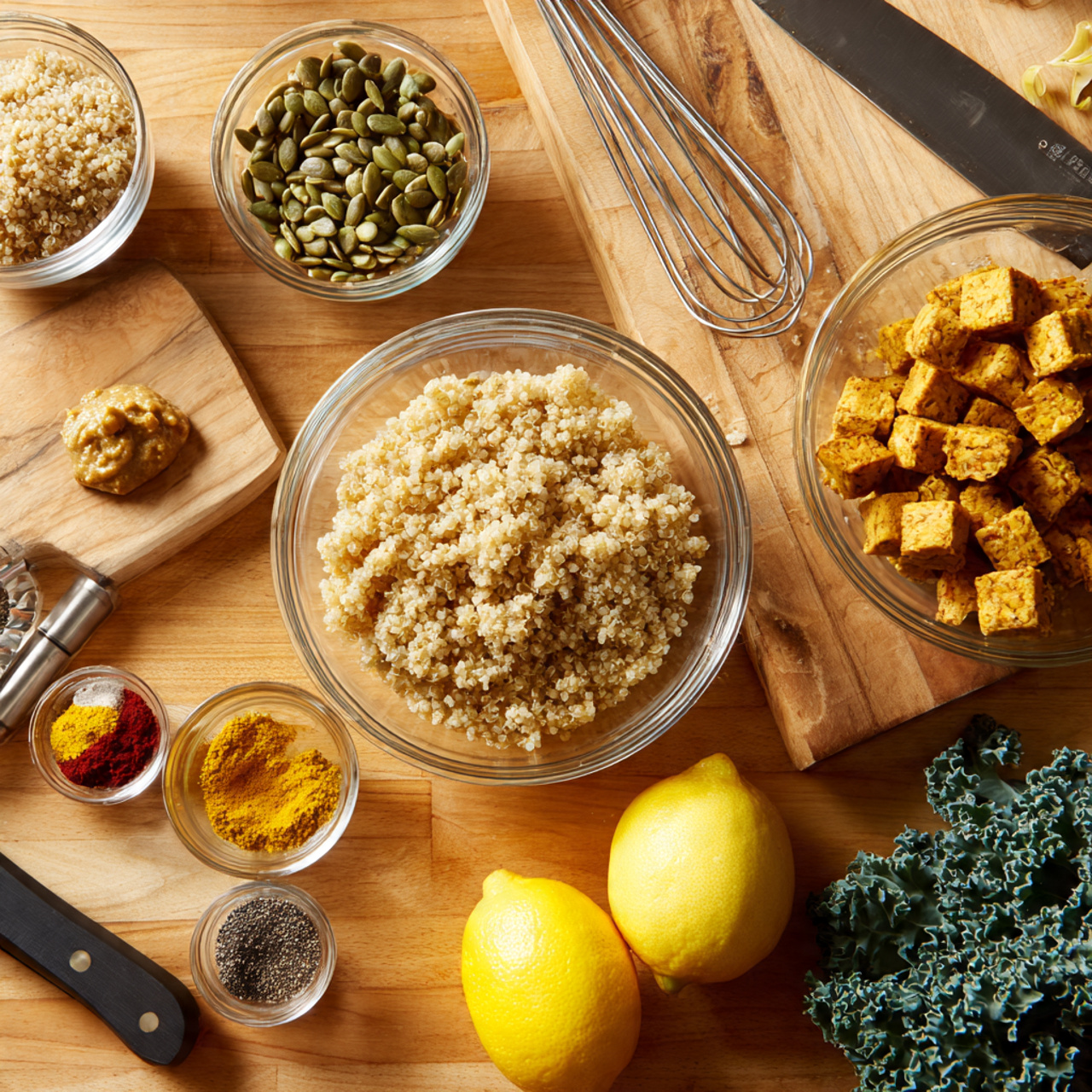 The image shows several clear glass bowls placed on a wooden board. One bowl near the center contains light brown cooked quinoa with a crumbly texture. To its top right, another bowl holds small cubed pieces of golden tempeh. Above these, a smaller bowl is filled with green pumpkin seeds. To the left of the quinoa, there are two small bowls stacked: the top one has a small dollop of light brown mustard-like paste, and below it is a mixture of yellowish seasoning powder. Near the bottom left, a small bowl contains several colorful spices including red, yellow, white, black, and brown powders. In the foreground, there is a bunch of dark green leafy kale. Two whole bright yellow lemons are placed near the bowl with tempeh. A large knife with a black handle lies horizontally near the top right edge of the wooden board. Various silver measuring spoons and a whisk are partly visible around the edges. The background surface is not visible. photo taken with an iphone --ar 4:5 --v 7