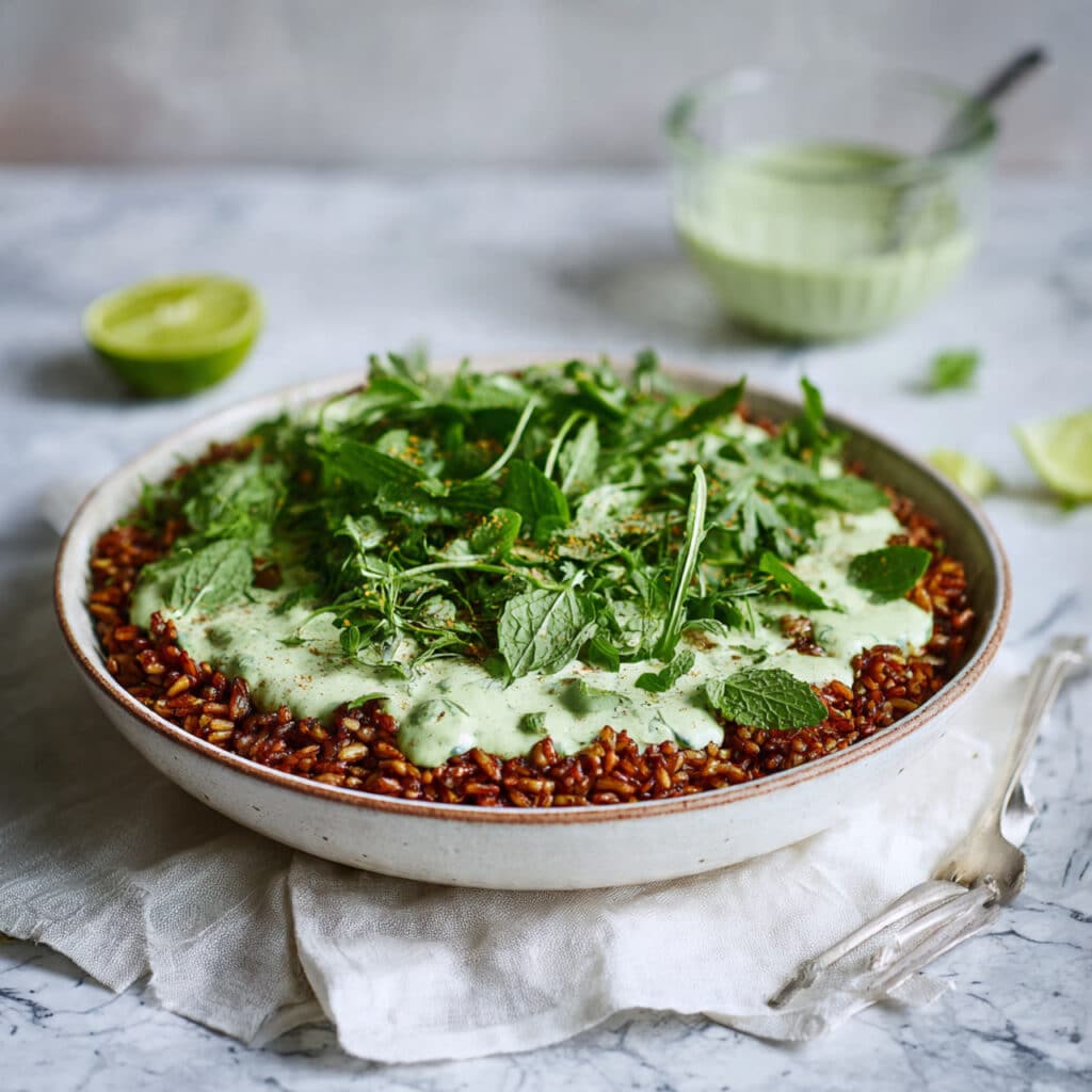 Warm Winter Rice Salad with Cilantro Tahini Sauce Recipe