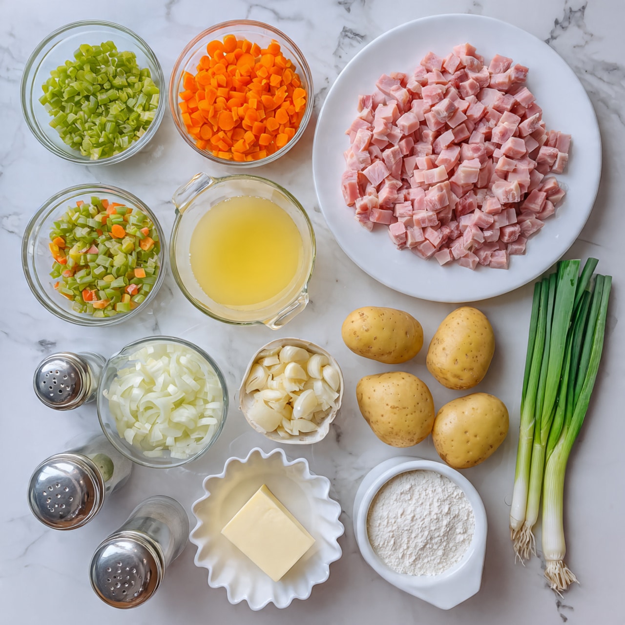 The image shows an overhead view of various ingredients laid out on a white marbled surface. From the top left, there are small glass bowls with chopped green celery and chopped orange carrots. Next to them is a glass filled with light yellow broth. To the right, a white plate holds many small pieces of pink cooked ham. Below the plate are two whole potatoes with light brown skin. Moving leftwards, small white scalloped bowls contain peeled garlic cloves and a pale yellow stick of butter. There is a wooden bowl with white flour and a metal measuring cup with white sour cream. A small glass bowl holds diced white onions, and next to it are thin green onion stalks. Finally, there are two large silver salt and pepper shakers placed vertically on the left side of the arrangement. Photo taken with an iphone --ar 4:5 --v 7