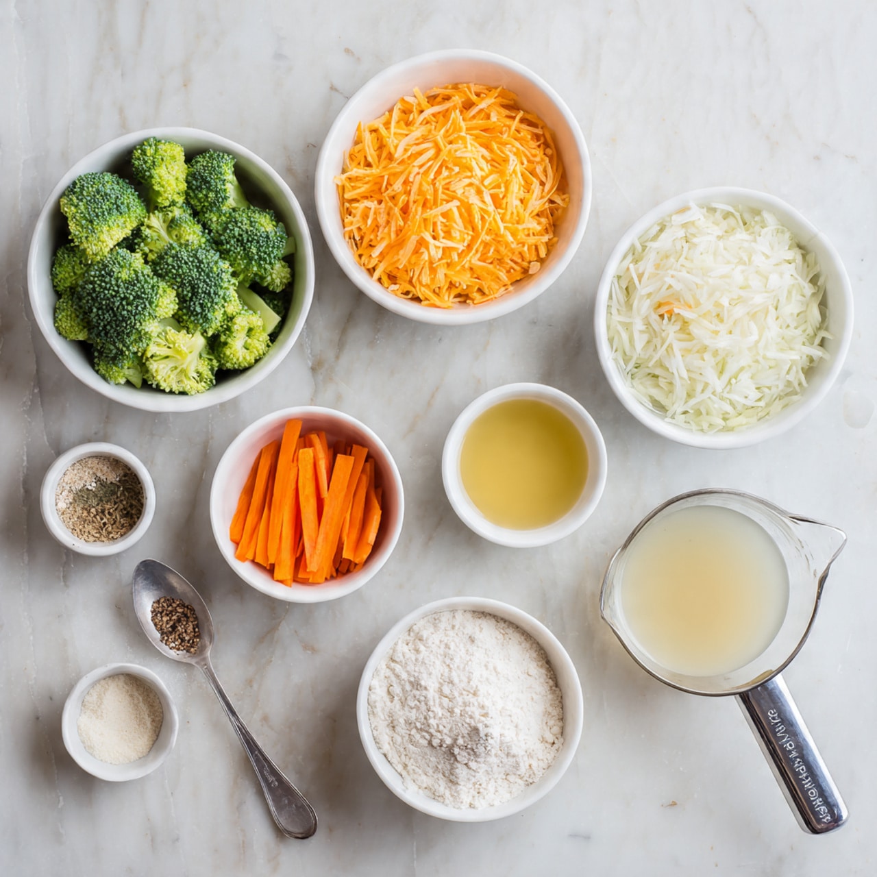The image shows six white bowls on a white marbled surface, each holding a different ingredient. Starting from the top left, there is a bowl with green broccoli florets, to the right a bowl filled with bright orange shredded cheese. Below the broccoli is a bowl with finely chopped white onions, next to it a smaller bowl of thin orange carrot sticks, and to the right a tiny bowl holding a small amount of a pale yellow substance, likely garlic. There are also three measuring cups, one with a light yellow liquid broth at the bottom right, another cup holding clear white liquid just below it, and a metal measuring cup with white flour in the bottom left. A metal spoon with a small amount of a brownish powder is near the flour, and a tiny cup with ground pepper is near the broth, all arranged neatly. photo taken with an iphone --ar 4:5 --v 7