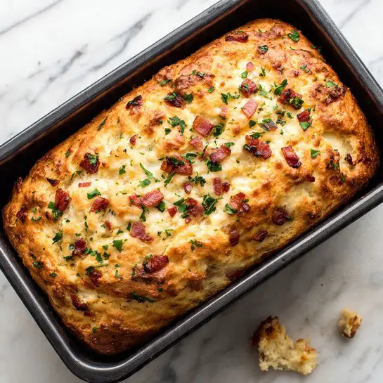 A golden brown loaf sits in a black baking pan on a white marbled surface. The top layer is textured with small bits of diced ham and green herbs scattered unevenly across the crust, which looks slightly crispy and soft underneath. The loaf has a rough, bubbly surface with a mix of light beige and light brown colors. Around the pan, there are a few crumbs and small pieces of ingredients, adding to the fresh baked appearance. photo taken with an iphone --ar 4:5 --v 7