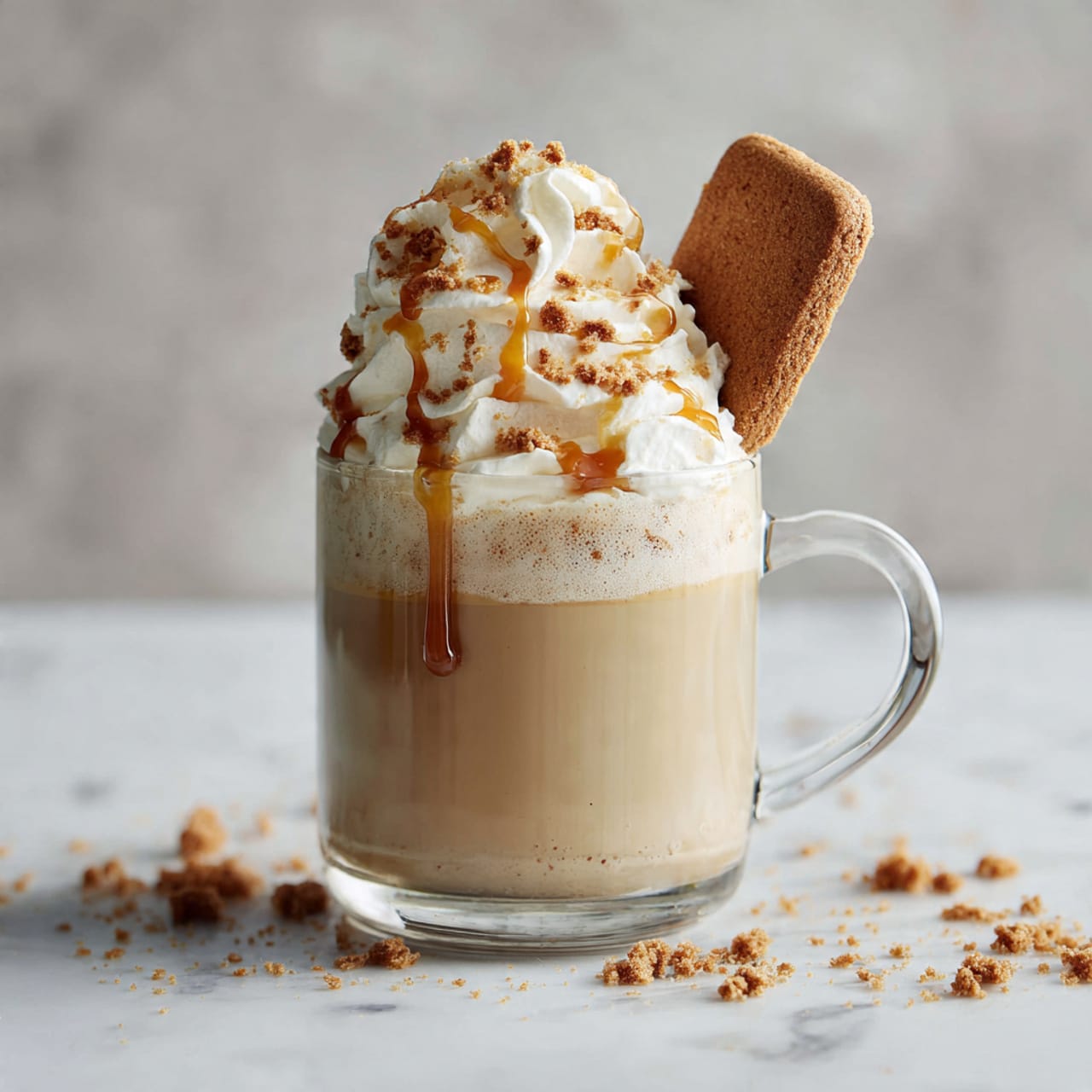 A clear glass mug filled with a light brown drink at the bottom forms the first layer. The second layer is a large, fluffy mound of white whipped cream covering the top, sprinkled with small brown crumbles. Thin streaks of caramel drizzle are spread over the cream. One rectangular brown biscuit is standing upright on one side of the whipped cream. The mug is placed on a white marbled surface with some brown crumbs scattered around. Photo taken with an iphone --ar 4:5 --v 7