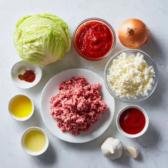 The image shows a top view of various cooking ingredients arranged neatly on a white marbled surface. At the center bottom, there is a white plate with a thick layer of ground meat, which is pinkish in color with some texture. Above it to the right is a clear glass bowl filled with white crumbled cheese. To the left, there is a whole round light green cabbage with smooth leaves. At the top right, an unpeeled brown onion rests on the surface. At the top center, a white bowl holds bright red tomato sauce with a smooth texture. Smaller white bowls are around the main items: one at the top left contains yellow oil, below it a small dish with dark red spice powder, another small bowl with light yellow liquid is placed to the right of the meat plate, and a small amount of red sauce fills a tiny white bowl near the bottom right. A single garlic clove is placed on the bottom left. The colors vary from red, green, white, yellow, and brown, creating a vibrant and fresh look. photo taken with an iphone --ar 4:5 --v 7