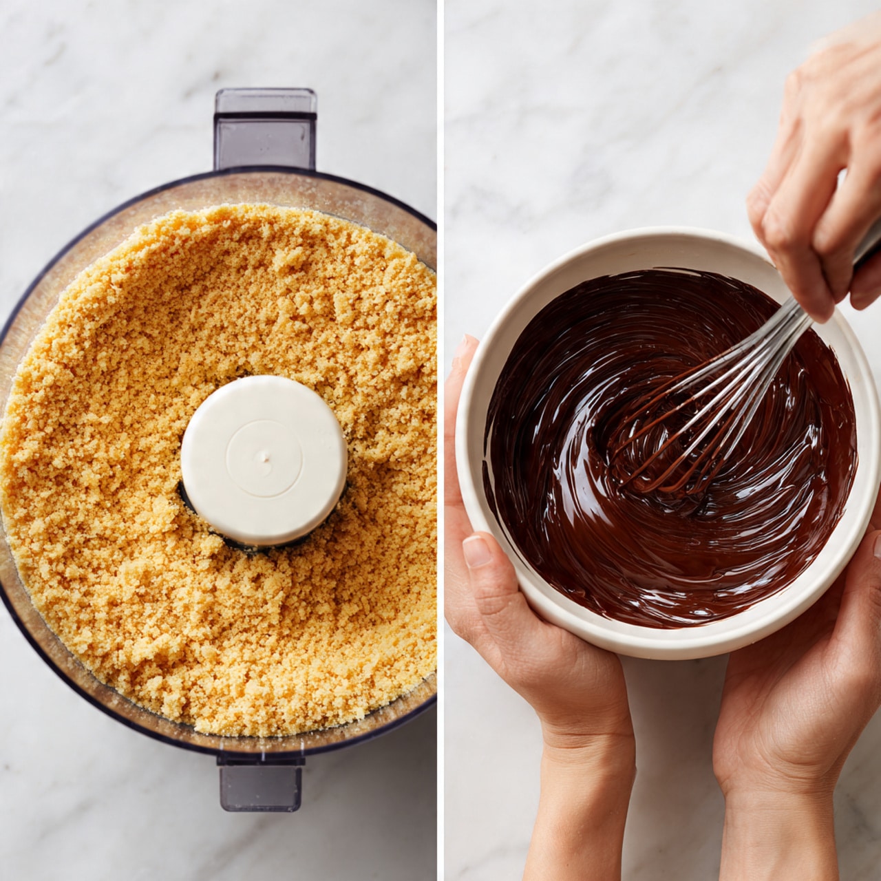 The image shows two side-by-side photos on a white marbled surface. The left photo has a food processor with light golden crumbs inside, evenly spread and covering the bottom of the clear container, with a white central blade visible. The right photo shows a white bowl held by two woman's hands, with a dark brown chocolate mixture being softly stirred by a silver whisk in the center, creating smooth swirls and a glossy texture. photo taken with an iphone --ar 4:5 --v 7