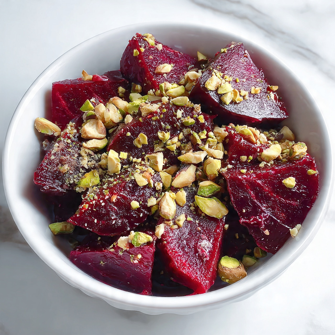 A white bowl filled with deep red beet slices layered with crunchy chopped nuts sprinkled evenly on top, the beet pieces show a soft texture with a slight shine, and the nuts add a mix of green and brown colors creating contrast, all placed on a smooth white marbled surface, photo taken with an iphone --ar 4:5 --v 7