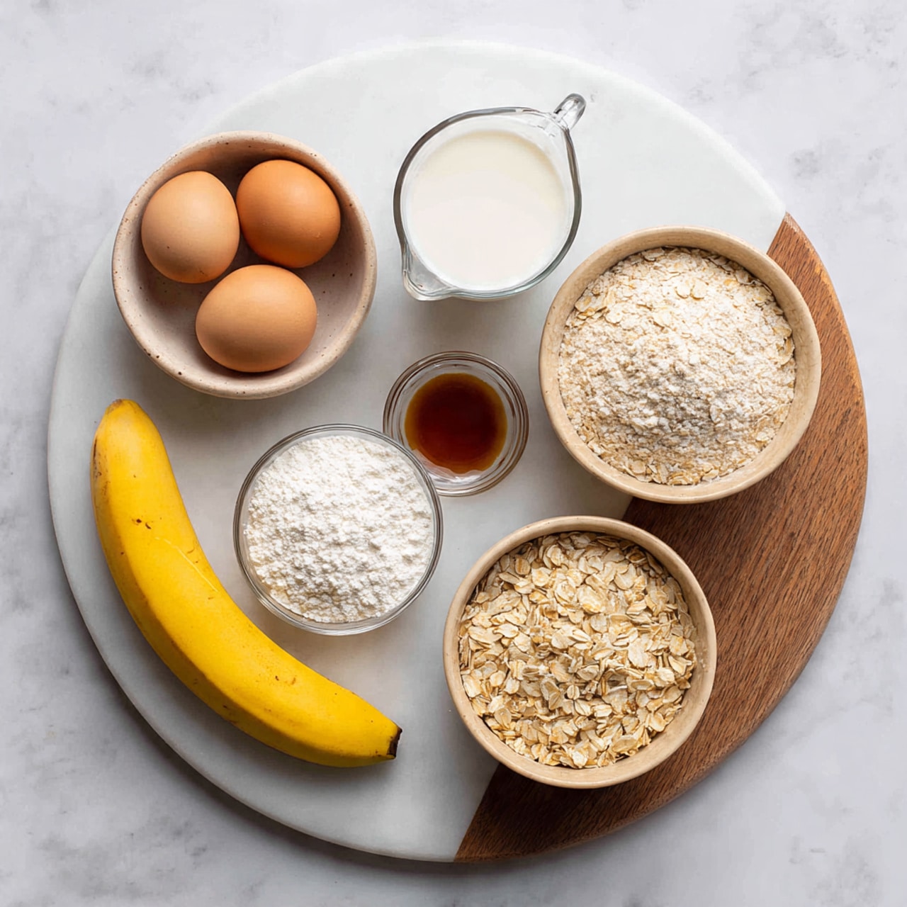 The image shows six ingredients arranged neatly on a round white marble board with a wooden section on the right side. Starting from the top left, there are two brown eggs placed in a small round beige bowl. To the right of the eggs is a clear glass measuring cup filled with white liquid, likely milk. Below the eggs is a small beige bowl filled with white flour. In the center is a small transparent bowl holding a dark amber liquid, possibly syrup. Below this is a larger beige bowl filled with light tan rolled oats. On the far right side, lying on the wooden part of the board, is a yellow banana with a few small brown spots. The background is white marble. photo taken with an iphone --ar 4:5 --v 7