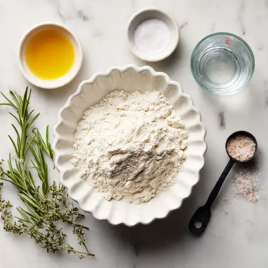 The image shows a white fluted bowl filled with a mound of fine white flour in the center, placed on a white marbled surface. To the top left of the bowl, there is a small white bowl of golden yellow oil, and next to it on the right, a smaller white bowl containing fine white salt. To the bottom left near the bowl of flour, a few sprigs of fresh green rosemary add contrast. On the right side, there is a clear glass measuring cup filled with water. Above the measuring cup, a small black measuring spoon holds more salt. The colors are soft and natural, with the white flour and bowls sharply contrasting the subtle hues of the rosemary and oil. Photo taken with an iphone --ar 4:5 --v 7