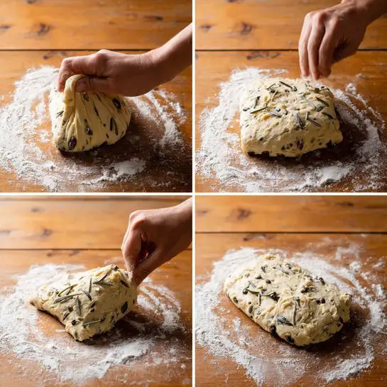 The image shows four steps of shaping an olive-studded dough on a wooden surface lightly dusted with flour. In the first step, a woman's hand pulls one side of the dough upwards, stretching it to stretch and fold. The dough is pale with small black olive pieces and rough texture. The second step shows the dough flattened and folded on itself into a rough square shape. In the third step, the dough is more compressed and rounded at the edges, still showing visible olive bits. The final step has the dough smoothed into a more even rectangular shape, sitting flat on the floured surface. photo taken with an iphone --ar 4:5 --v 7
