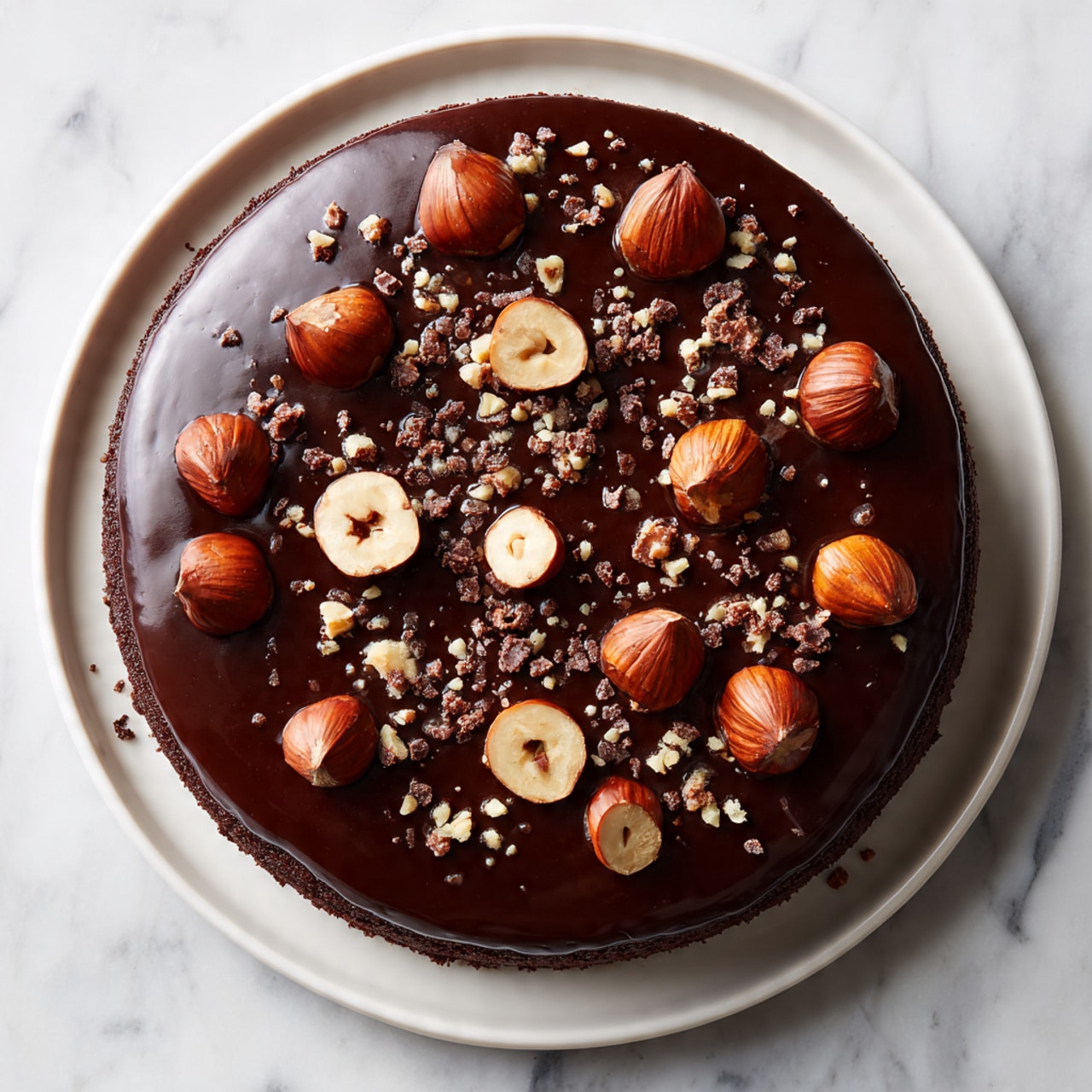 The image shows a single-layer round chocolate cake on a white plate, placed on a white marbled surface. The cake has a smooth, shiny chocolate glaze covering the top. On this glaze, there are whole hazelnuts and several hazelnut halves arranged evenly around the center. Small pieces of crushed chocolate are sprinkled over the hazelnuts and the glaze, adding texture. The cake itself looks rich and dense, with a dark brown color visible on the sides. photo taken with an iphone --ar 4:5 --v 7