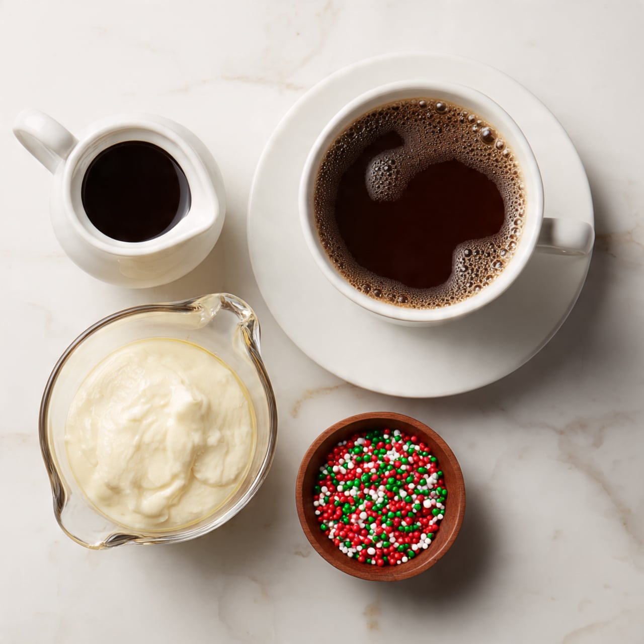 The image shows four items on a white marbled surface arranged in a loose square shape. At the top right, there is a white cup on a white saucer filled with dark brown coffee that has a smooth surface with a few tiny bubbles. At the top left, there is a small white pitcher with dark liquid inside. At the bottom left, a clear glass measuring cup is filled with a pale, creamy liquid that has some small bubbles on the surface. To the left center, there is a small wooden bowl filled with round sprinkles in red and green colors. Photo taken with an iphone --ar 4:5 --v 7