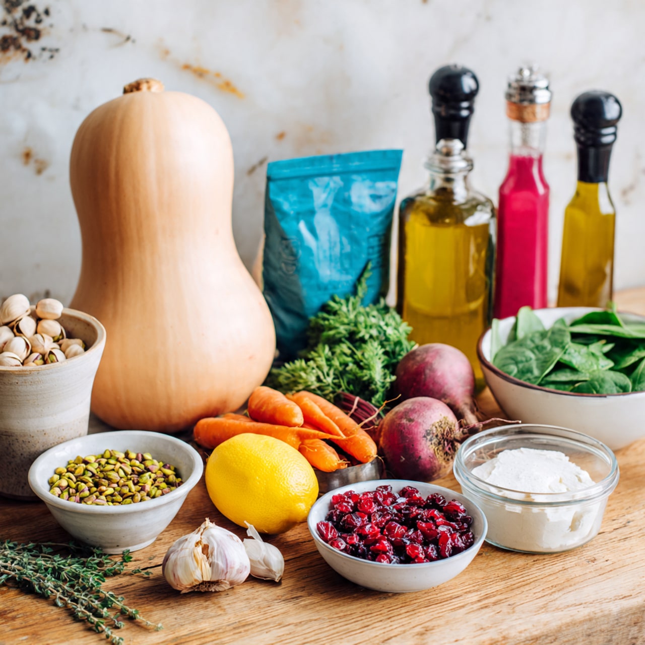 The image shows various fresh ingredients placed neatly on a wooden surface with a white marbled texture in the background. Starting from the left, there is a large butternut squash in pale beige color with a smooth texture. Next to it are two small white bowls; one filled with green pistachios and the other with fresh green parsley leaves. Behind these bowls are packs of dried whole cranberries and vegetable broth. Towards the center, a blue bag of mini farro grains sits upright. Right in front is a yellow lemon and two garlic cloves with smooth light skins. To the right of the lemon, two vibrant orange and purple carrots lay side by side. A deep red onion is placed slightly behind the carrots. Further right are bottles of green olive oil and pink-red organic red wine vinegar with black salt and pepper shakers behind them. At the far right, fresh green baby spinach leaves are seen inside a clear plastic white bowl. A container of white-feta cheese is placed at the bottom center of the image. The ingredients are arranged in neat groups giving a colorful, fresh, and vibrant appearance, photo taken with an iphone --ar 4:5 --v 7