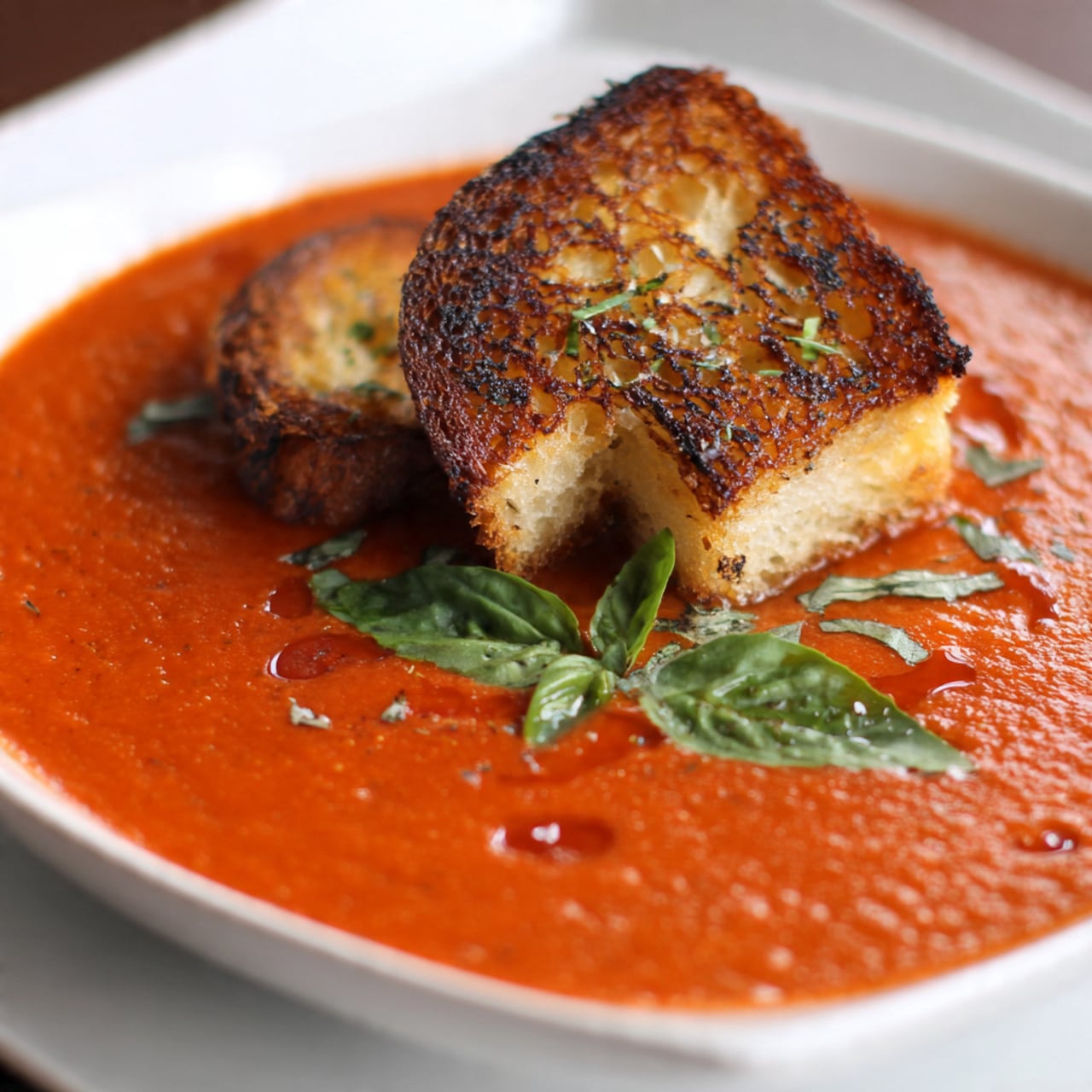 A white bowl filled with thick orange soup is placed on a white marbled surface. The soup has a smooth texture and is topped with a swirl of white cream in the center. On top of the cream, there are three small fresh green basil leaves arranged neatly. In the background, a half slice of red tomato and some green leaves are visible, slightly blurred. A white and black striped cloth lies next to the bowl. photo taken with an iphone --ar 4:5 --v 7