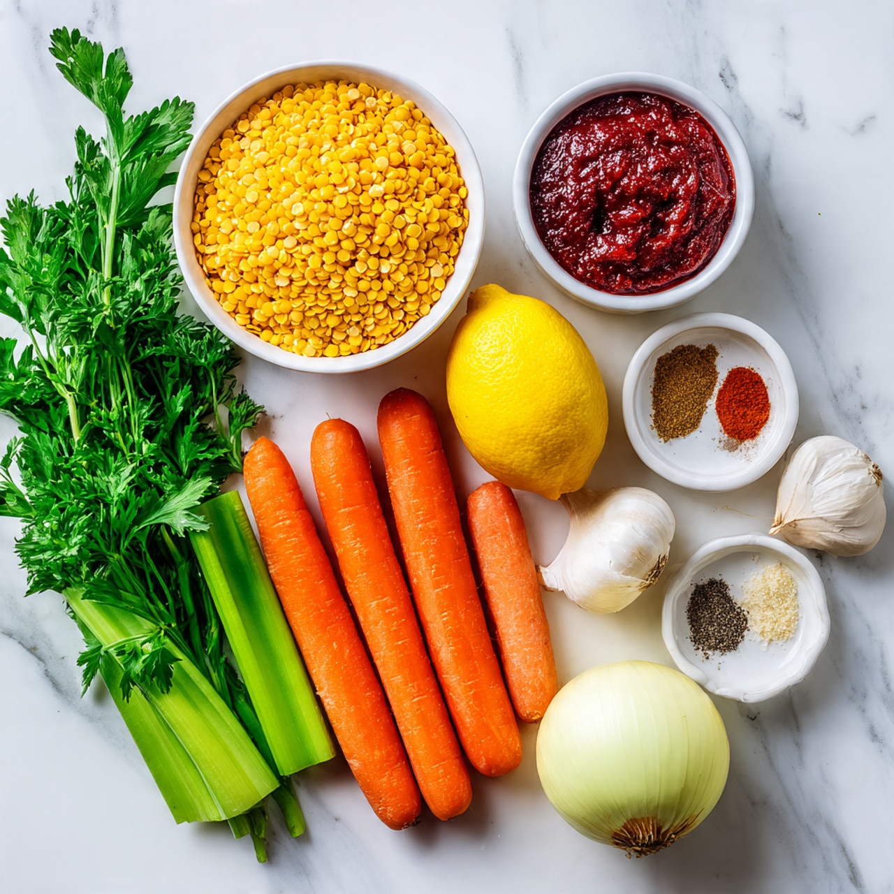 The image shows a white bowl filled with yellow split lentils placed on a white marbled surface. Next to it is a whole yellow lemon, followed by a cluster of five bright orange carrots lying side by side. Beside the carrots are three bright green celery stalks. Nearby, there is a bunch of fresh green parsley with its leaves and stems. Close to the parsley, two small white garlic cloves are resting. An unpeeled yellow onion is placed near the bottom right corner. There is also a small white bowl filled with dark red tomato paste and another tiny white dish holding two spices, one brown and one dark red, arranged side by side. All items are set on a white marbled surface photo taken with an iphone --ar 4:5 --v 7