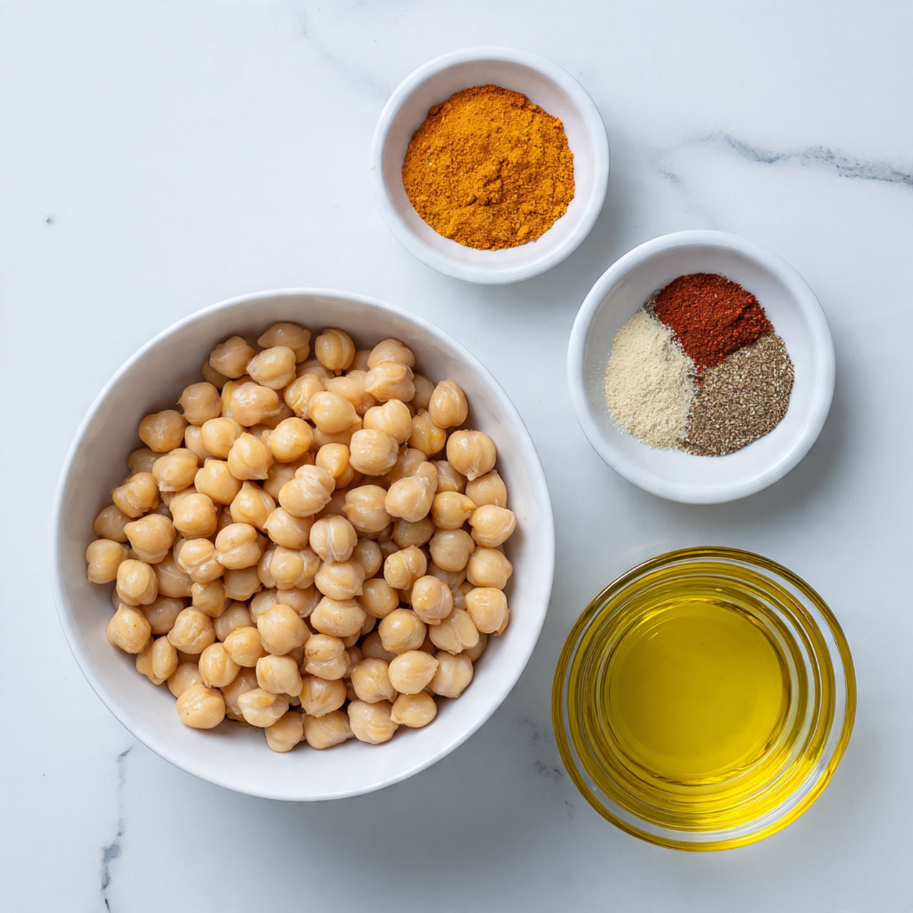 The image shows a white bowl filled with beige chickpeas in the center on a white marbled surface. Above it to the left is a small white bowl holding different spices, with visible colors of orange, brown, and beige. Next to the spices on the right is a small glass container filled with golden yellow oil. The whole setup is simple and clean with a clear view of each ingredient. photo taken with an iphone --ar 4:5 --v 7