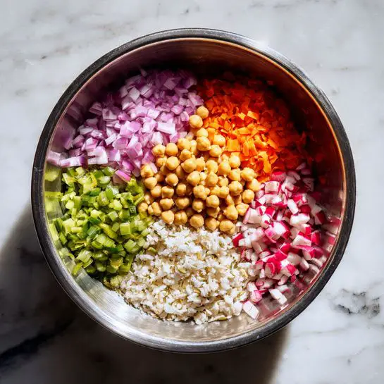A round stainless steel bowl placed on a white marbled surface holds six separate layers of ingredients. Starting from the top left and moving clockwise, there are small diced purple onions, bright orange carrot pieces, round tan chickpeas, small white grains of rice, green celery pieces, and small white and red diced radishes. Each layer is fresh and colorful, evenly spaced in the bowl. The lighting brings out the crisp textures and vibrant colors of the vegetables and grains. photo taken with an iphone --ar 4:5 --v 7