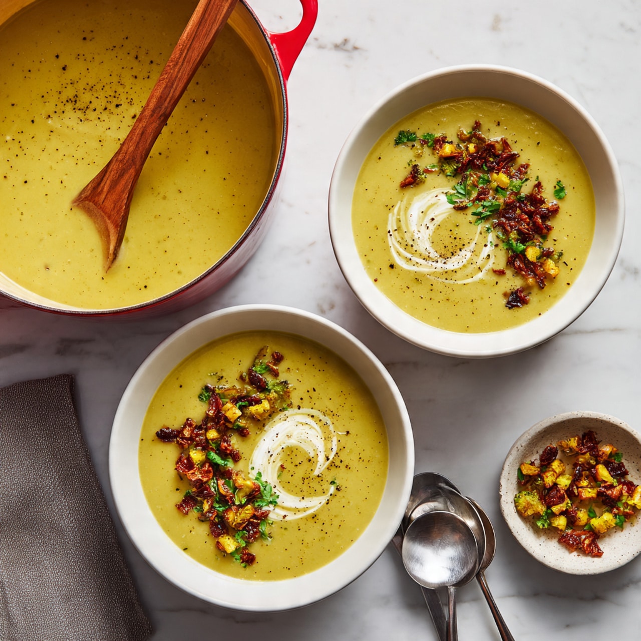 The image shows a white bowl filled with a creamy soup that has a light green color with visible small herb pieces. Inside the soup, there are several bright green broccoli florets and shredded pieces of orange chicken evenly mixed. A silver spoon is inside the bowl, scooping up soup with a broccoli floret, some shredded chicken, and soup broth. The background surface is white marble. A woman's hand is not visible in this image. photo taken with an iphone --ar 4:5 --v 7
