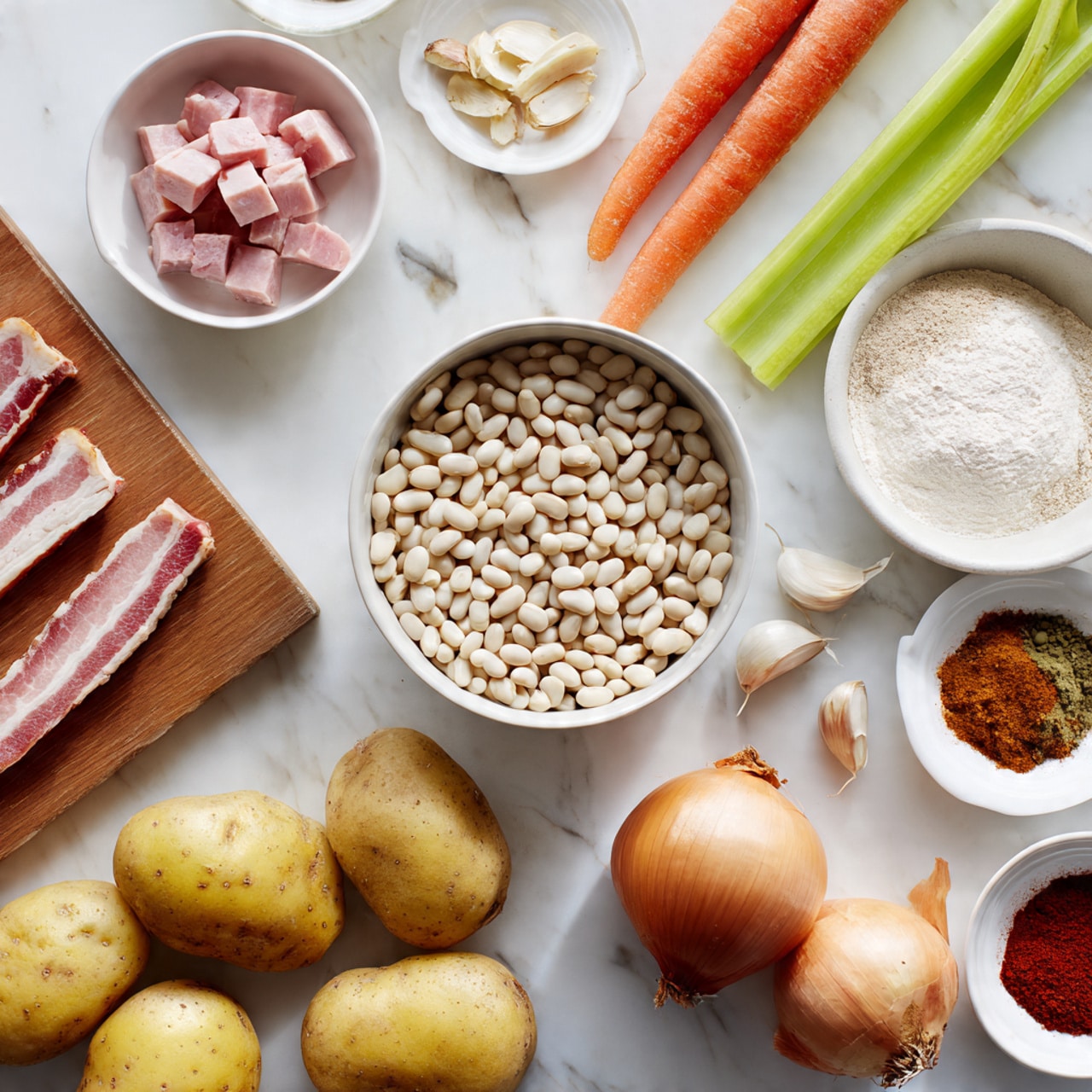 A top view of cooking ingredients placed on a white marbled surface. At the center is a round white bowl filled with small white beans. To the bottom right, a wooden board holds two long strips of raw bacon with visible fat layers. A small white bowl above the board contains small pink cubes of ham. Below this board, four yellow potatoes with rough skins are spread out. At the top right, there are three white bowls filled with white flour, small brown spice powder, and red powder seasoning. Above the center bowl, two long orange carrots and a green celery stalk lie next to each other. To the top left, a white bowl holds white peeled garlic cloves, and next to it are three peeled garlic cloves. Near the top right side, a yellow onion with dry skin rests on the table. The whole setup is natural and simple. Photo taken with an iphone --ar 4:5 --v 7