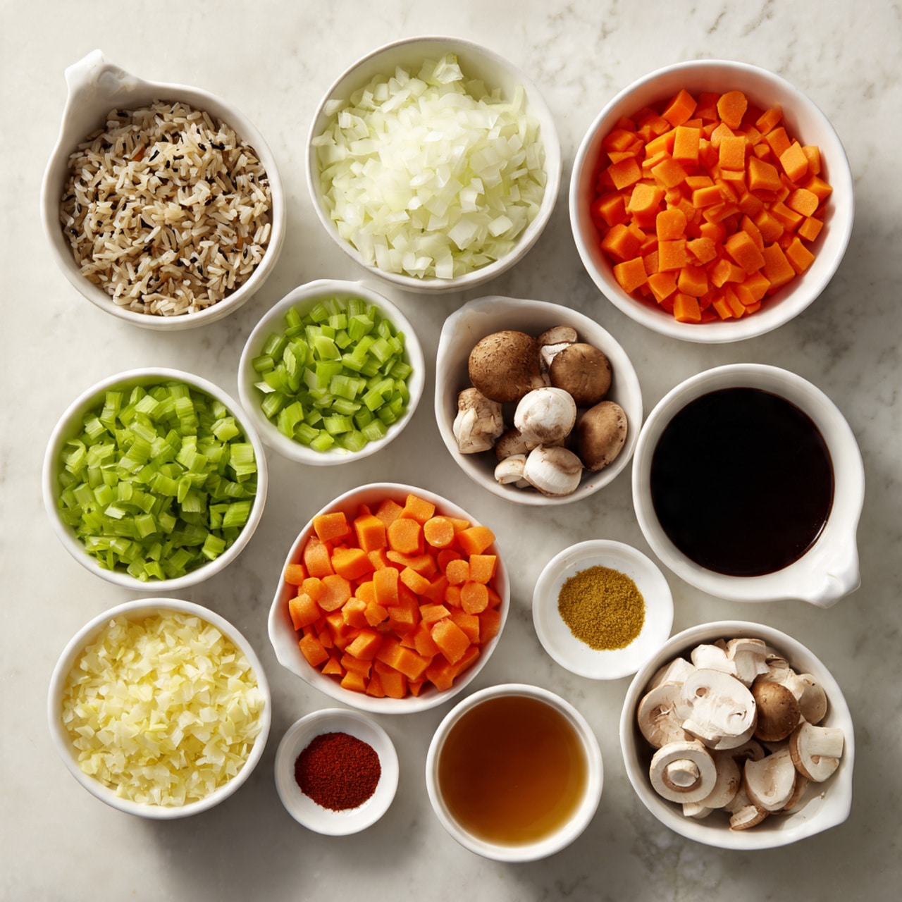 The image shows a top-down view of eleven white bowls and dishes arranged on a white marbled surface, each filled with different ingredients. There are two larger white bowls placed near the center: one contains neatly chopped white onions, and the other has a mix of brown and wild rice. Around these are smaller white dishes holding vibrant orange diced carrots, bright green chopped celery, white granulated sugar, sliced light brown mushrooms, small yellow minced garlic, dark soy sauce, reddish paprika with some salt beneath it in a bowl, and a brownish liquid broth in a cup. The bowls are evenly spaced and organized, presenting a colorful variety of raw ingredients. photo taken with an iphone --ar 4:5 --v 7