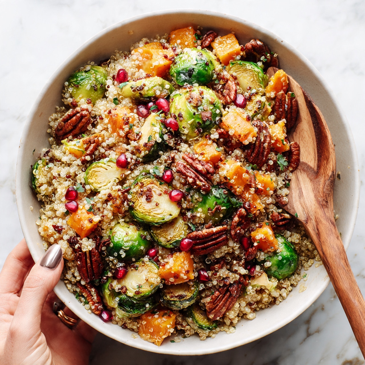 A white bowl filled with a colorful quinoa salad sits on a white marbled surface. The salad has three main layers: the bottom layer is cooked quinoa with a fluffy, grainy texture and a mix of beige and light brown colors; the middle layer features bright green roasted Brussels sprouts, some opened up showing their soft inner leaves; the top layer includes small orange cubes of roasted sweet potato, red pomegranate seeds scattered around, and pecan halves adding a dark brown crunch. A wooden spoon rests inside the bowl, with a woman's hand gently holding its handle. Photo taken with an iphone --ar 4:5 --v 7