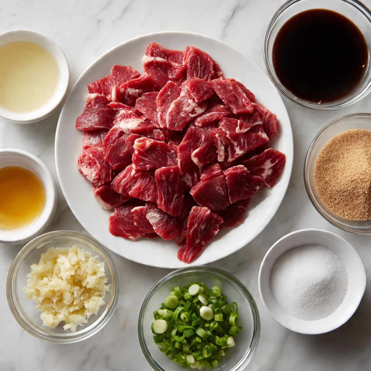 In the image, there is one main white round plate in the center filled with many thin slices of raw red meat, showing a fresh and slightly marbled texture. Surrounding the plate are seven small white bowls and clear glass bowls arranged in a circular pattern on a white marbled surface. Starting from the top left and moving clockwise, the first bowl contains a light pale yellow liquid, the next one has a dark brown thick liquid, followed by a small bowl with finely minced light yellow garlic. Moving further right, there is a bowl with white powder, a clear glass bowl containing light to medium brown sugar, another clear glass bowl with chopped green onions, and finally, a small bowl with a paste of light beige ginger. The setup is clean and simple with all ingredients visually separated and clearly visible. photo taken with an iphone --ar 4:5 --v 7