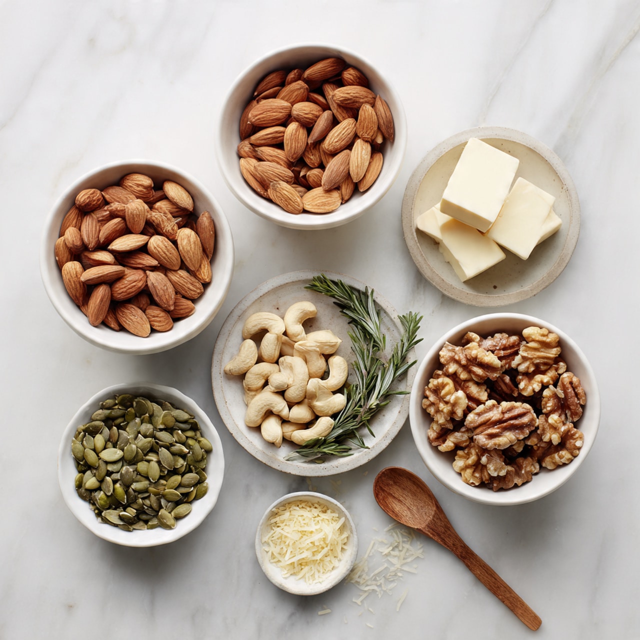 The image shows six white bowls arranged on a white marbled surface, each filled with different nuts and seeds. The top bowl contains whole almonds with a smooth, light brown surface. To its right, a smaller white bowl holds two small white square butter pieces. Below the almonds, a medium bowl is filled with pale, curved cashews showing a creamy texture. Next to the cashews, a smaller white bowl has mixed walnut halves, with their rough, dark tan and brown surfaces. A small round plate in the center holds a pile of rosemary sprigs and a tiny dish with some grated light tan cheese and a small wooden spoon. At the bottom left, a white bowl is filled with green pumpkin seeds, with a flat, smooth texture. The bowls are neatly arranged on the white marbled background, creating a clean and natural look, photo taken with an iphone --ar 4:5 --v 7