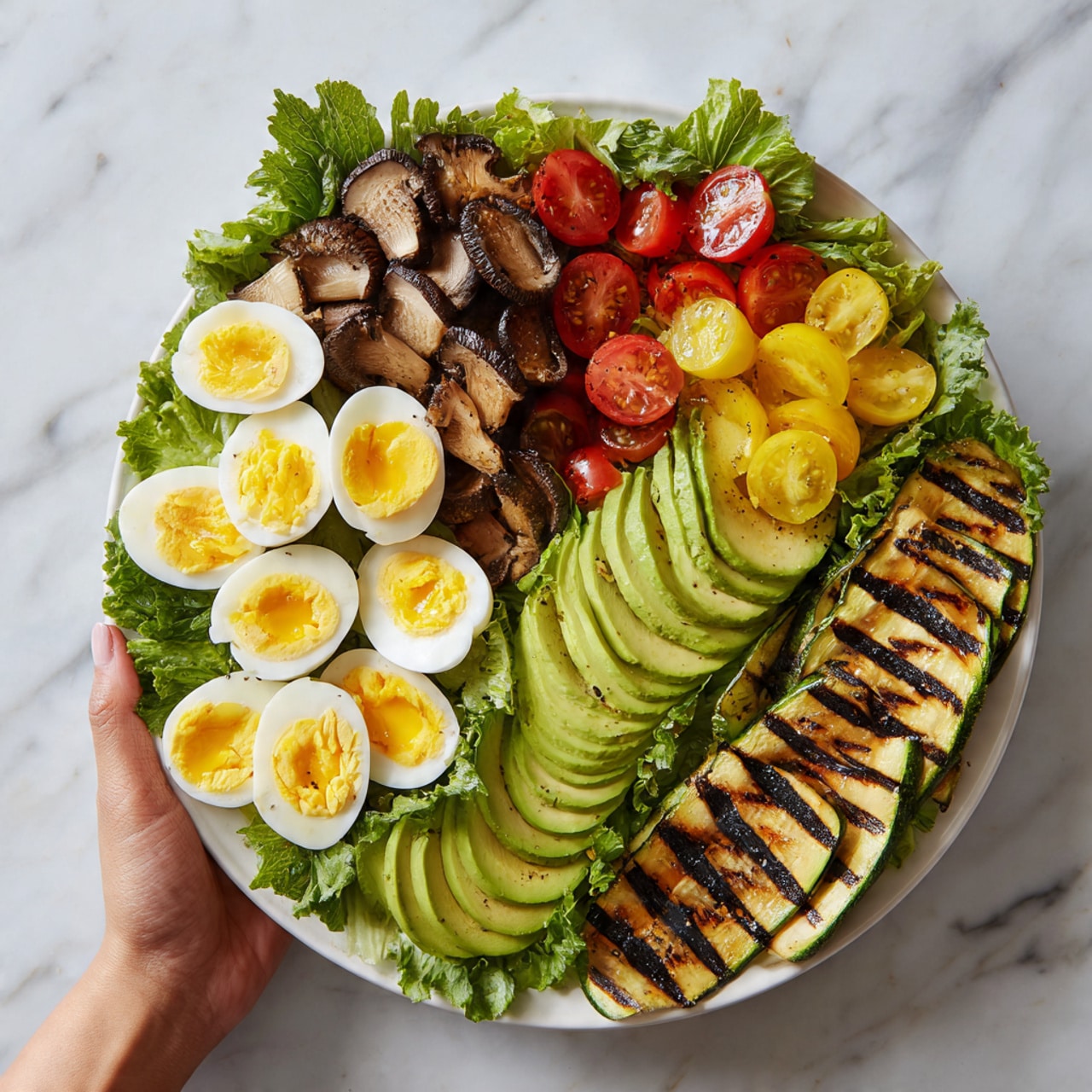The dish is arranged on a large white plate placed on a white marbled surface. The base layer is fresh green leafy lettuce spread evenly. On top, there are several halved boiled eggs with bright yellow yolks and white edges scattered throughout the top half. To the right side, there are slices of avocado fanned out with a smooth and creamy green texture. Yellow cherry tomato halves form a layer in the middle, their shiny skins bright and juicy. Below them, grilled slices of zucchini with dark grill marks and a light brown color are placed side by side, filling the lower half of the plate. Towards the top left, there are some brown mushrooms, thinly sliced, adding an earthy tone. A woman's hand is holding the plate from the left side. photo taken with an iphone --ar 4:5 --v 7