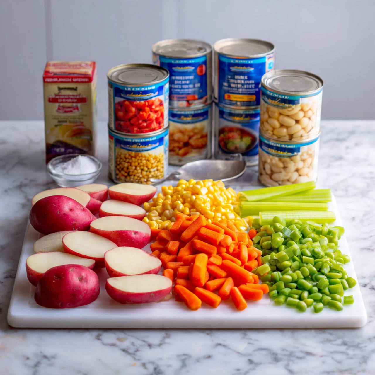 The image shows a white cutting board placed on a white marbled surface, filled with neatly arranged cooking ingredients. At the front, there are sliced red-skinned potatoes on the left, thinly sliced orange carrot pieces in the middle, and chopped green celery stalks on the right. Behind the vegetables, there are several cans stacked in two rows: the front row includes a can of beans and two cans of cream-style corn while the back row has a can of diced tomatoes and three cans of different kinds of beans. To the right of the cans, there is a box of low sodium beef broth mix. On the far left, there is a small container of seasoning and a clear measuring spoon filled with salt. The whole arrangement is well-organized and clearly ready for cooking. Photo taken with an iphone --ar 4:5 --v 7