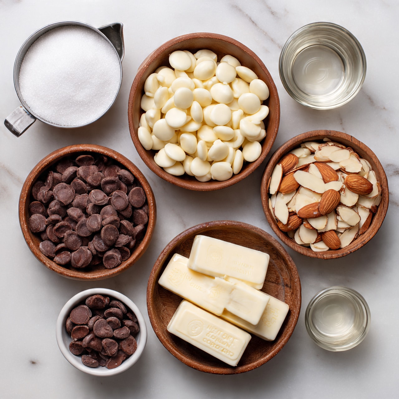 The image shows a top view of several ingredients arranged neatly on a white marbled surface. There are two darker brown wooden bowls, one filled with white chocolate chips with a smooth and glossy texture, positioned to the left-center, and the other filled with light tan slivered almonds, positioned to the bottom-right. A small white bowl with dark brown chocolate chips with a shiny texture sits at the bottom-left. Near the top-center are two sticks of creamy light yellow butter with labels. To the right of the butter are two small round containers, one glass with a clear liquid and the other metal with another clear liquid. At the top-left is a metal measuring cup filled with white granulated sugar. Photo taken with an iphone --ar 4:5 --v 7
