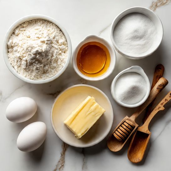 The image shows six baking ingredients arranged neatly on a white marbled surface. On the top left, there's a white bowl filled with white flour. Next to it, in the middle, there is a white bowl holding a golden honey-like liquid. The top right features a white bowl with white sugar. Below these, on the bottom left, there are two white eggs lying directly on the surface. In the center bottom, a white bowl contains a rectangular piece of yellow butter. On the bottom right, there are wooden measuring spoons, with one spoon filled with white powder, likely baking soda or baking powder. The lighting is soft and natural, with a clear focus on the textures of the ingredients. Photo taken with an iphone --ar 4:5 --v 7