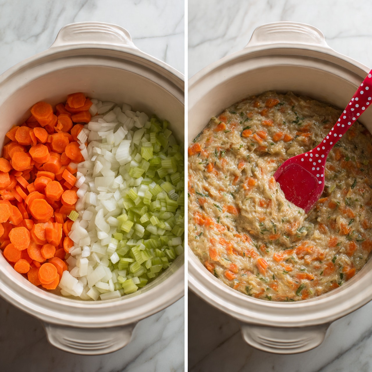 The first image shows a white round pot filled with three layers of fresh chopped vegetables arranged side by side: bright orange carrot slices on the left, white onion pieces in the middle, and light green celery bits on the right, all sitting on a white marbled surface. In the second image, the same white pot contains a thick mixed stew with visible chunks of the softened carrots, onions, and celery, stirred by a red spatula with white polka dots. The colors inside the pot are a blend of creamy beige and small orange and green pieces, with a textured, creamy look. Photo taken with an iphone --ar 4:5 --v 7