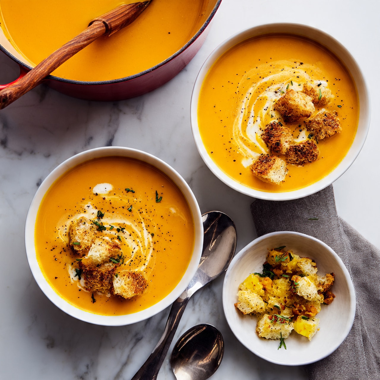 The image shows a white bowl filled with smooth orange soup, likely pumpkin or carrot, with a creamy texture. On the top left side of the soup, there is a line of green pumpkin seeds and a few white pumpkin seeds arranged neatly. A silver spoon rests inside the bowl on the right side, partially dipped into the soup. Next to the bowl on the white marbled surface, there is a small round white plate holding more green pumpkin seeds. Around the bowl and plate, there are some orange vegetables, possibly pumpkins or squash, and some crispy-looking crackers on the bottom right. The overall color scheme is warm, with bright oranges and greens contrasting against the white bowl and marbled surface. photo taken with an iphone --ar 4:5 --v 7