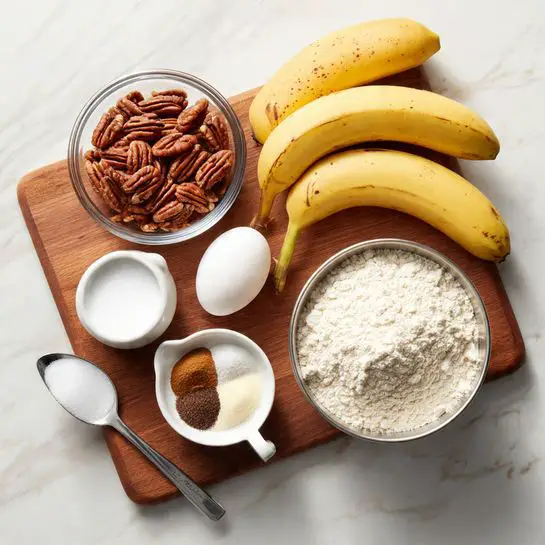 The image shows a group of baking ingredients arranged neatly on a small wooden board placed on a white marbled surface. On the left, there is a clear bowl filled with brown pecan nuts, next to it are three bright yellow bananas with some brown spots lying side by side. Below the bananas, two white eggs rest close together, and next to them is a white measuring cup full of white granulated sugar. On the right side of the board, a large silver mixing bowl contains white flour with three small piles of spices on top: a light brown, a dark brown, and a white powder. A metal spoon lies to the right of the board. Photo taken with an iphone --ar 4:5 --v 7