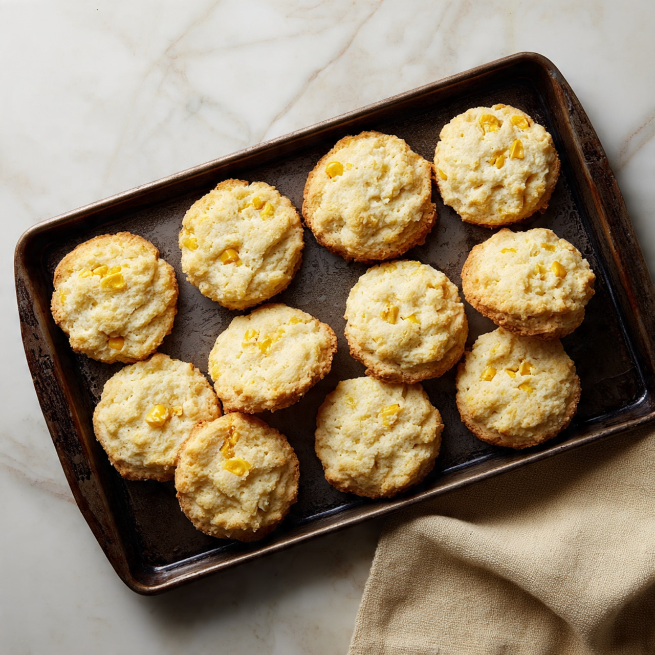 A dark metal baking tray with ten round biscuits arranged in two rows on it. Each biscuit has two layers, light golden brown on top with small yellow corn pieces visible inside. The texture looks soft and slightly crumbly, with some light browning around the edges. The tray sits on a white marbled surface with a beige cloth partially visible on the right side. Photo taken with an iphone --ar 4:5 --v 7