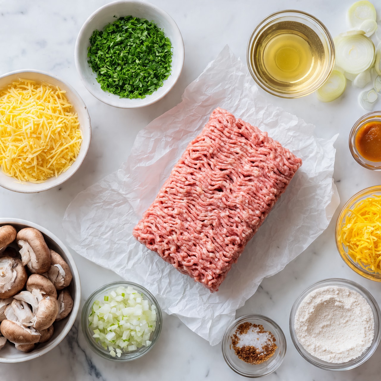 A flat lay image features various ingredients on a white marbled surface arranged neatly. At the center is a rectangular block of raw ground meat with a pinkish-red tone, resting on crinkled parchment paper. Surrounding it are small white bowls filled with different items: finely chopped white onions, bright green chopped herbs, creamy white sour cream, yellow mustard, finely grated yellow shredded cheese, and a small amount of white flour. There is also a bowl with sliced brown mushrooms showing their white undersides, a glass bowl with a light golden liquid, another glass bowl with a reddish-brown sauce, and a small bowl containing salt. A woman’s hand with natural nails is holding the parchment paper near the meat. The overall look is clean, organized, and colorful, emphasizing fresh ingredients ready for cooking photo taken with an iphone --ar 4:5 --v 7